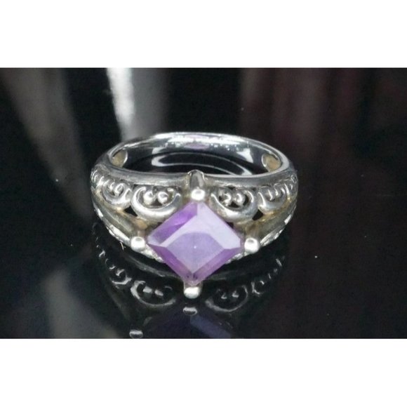 Sterling Silver Ring With Square Amethyst Gemstone & Ornate Filigree Design Size - Picture 1 of 11